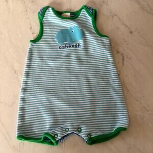 Oshkosh baby boy romper striped color block hippo 3-6 months bodysuit blue green